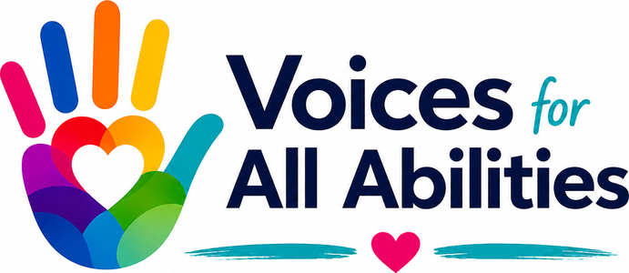 Voices For All Abilities logo: a rainbow handprint holding a heart